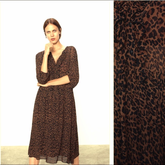 NWT Zara Ruffled Animal Print Dress - Picture 1 of 11